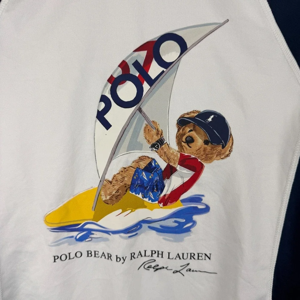 Polo Ralph Lauren Rash Guard Boys L 14-16‎ White Blue Windsurf Polo Bear Swim